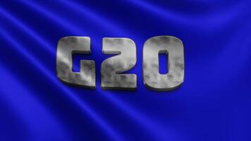 Big Twenty flag fluttering close up in the wind, of the G20 flag in 3d video