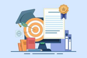 Online learning concept achieve educational goals in web environment beside computer screen with diploma. self development. Skills improvement. Flat illustration landing page template design. vector