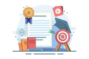 Online learning concept achieve educational goals in web environment beside computer screen with diploma. self development. Skills improvement. Flat illustration landing page template design. vector