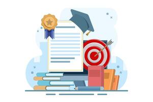 Online learning concept achieve educational goals in web environment beside computer screen with diploma. self development. Skills improvement. Flat illustration landing page template design. vector