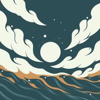 Abstract Moonlit Waves and Clouds vector