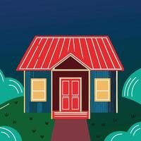 Night View of a House with Red Roof and Red Door vector