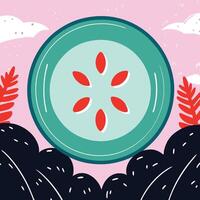 Abstract Art Green Circle, Red Seeds, Pink Background vector
