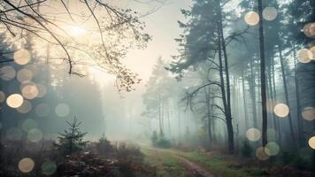 Misty Forest Bokeh for a Tranquil Atmosphere , bokeh abstract background, modern abstract backdrop. photo
