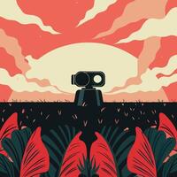 Sunset Sentinel A Robotic Observer in Tropical Flora vector