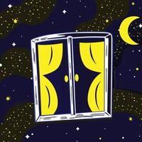 Night Sky View from Window with Yellow Curtains vector