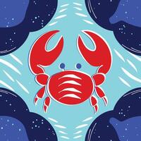 Red Crab on Teal Background with Abstract Shapes vector