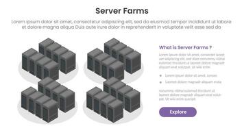 server technology infographic template banner with server farms concept isometric illustration for slide presentation vector