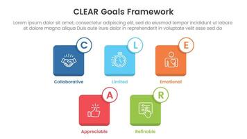 CLEAR goals framework infographic template banner with small square icon box outline badge with 5 point list information for slide presentation vector
