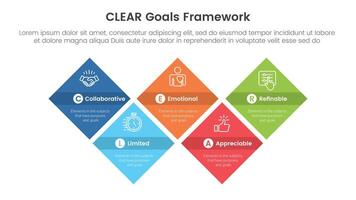 CLEAR goals framework infographic template banner with diamond shape structure up and down with 5 point list information for slide presentation vector