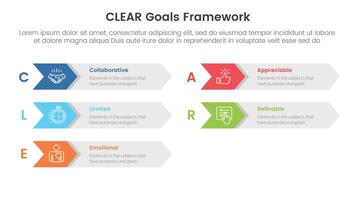 CLEAR goals framework infographic template banner with arrow on rectangle box right direction with 5 point list information for slide presentation vector