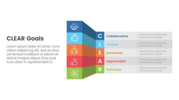 CLEAR goals framework infographic template banner with creative box table shadow 3d style with 5 point list information for slide presentation vector