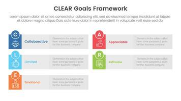 CLEAR goals framework infographic template banner with long rectangle box grey background with 5 point list information for slide presentation vector