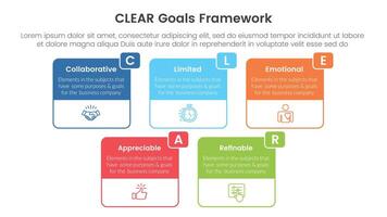 CLEAR goals framework infographic template banner with big box table outline header badge with 5 point list information for slide presentation vector