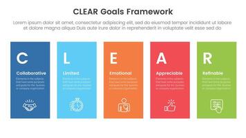 CLEAR goals framework infographic template banner with height rectangle shape balance with 5 point list information for slide presentation vector