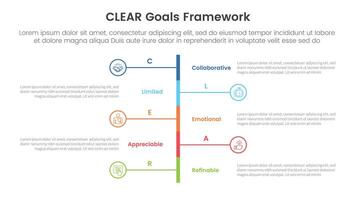 CLEAR goals framework infographic template banner with vertical timeline stype left and right with 5 point list information for slide presentation vector