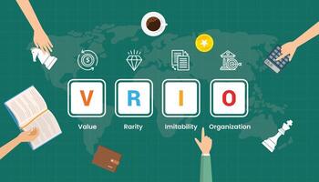 vrio framework with teamwork brainstorming at the table with world maps background view from top vector