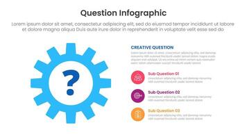 question infographic template banner with big gear and stack point list description with 3 points for slide presentation vector