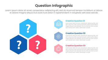 question infographic template banner with hexagon structure with point list vertical stack with 3 points for slide presentation vector