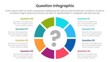question infographic template banner with big outline circle slice piechart with 8 points for slide presentation vector