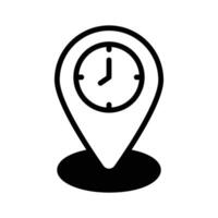 Simple icon of a location pin with a clock face superimposed vector