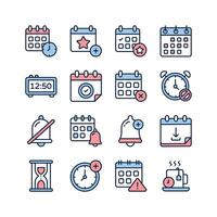 Icons represents various time management functions, including calendars, clocks, alarms, and reminders vector