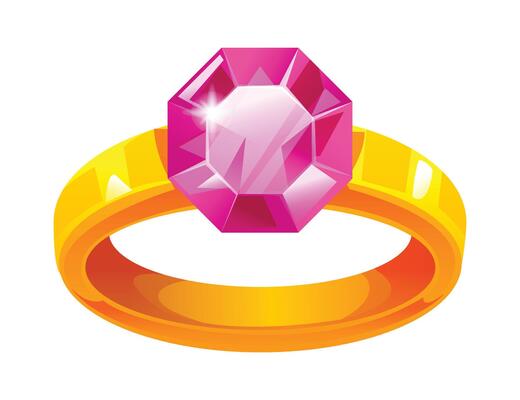 Golden ring with bright pink gemstone, symbolizing elegance and love. Cartoon illustration