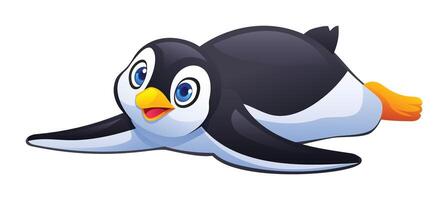 Happy penguin sliding on its belly with cheerful expression, ideal for winter or fun themes. Cartoon illustration vector