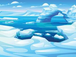 Scenic view of Arctic ocean with ice formations and arch shaped iceberg reflecting on water. Cartoon illustration vector