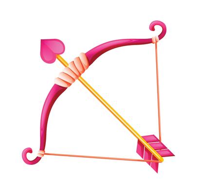 Cupid's pink bow and arrow with heart shaped tip, ideal for love and Valentine themes. Cartoon illustration
