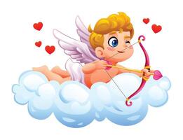 Playful cupid winking and shooting a heart arrow while lying on fluffy cloud. Cartoon illustration vector