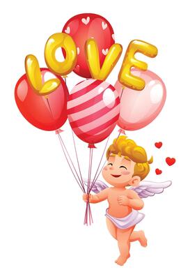 Cute cupid holding golden 'LOVE' balloons with colorful patterns surrounded by love hearts. Cartoon illustration