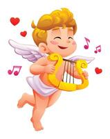 Cute flying cupid smiling while playing a golden harp surrounded by music notes and love hearts. Cartoon illustration vector
