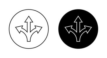 Three way direction arrow outline icon on black circle vector