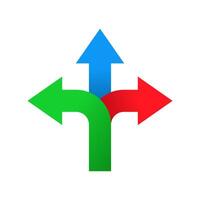 Three way direction arrow icon in flat design. 3 arrowheads sign symbol vector