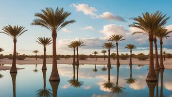 Palm trees in the desert with water and sky photo
