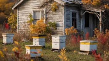 A group of beehives in front of an old house photo
