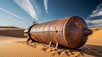 An old rusty tank sitting in the middle of the desert photo