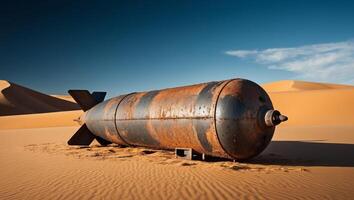 An old rusted bomb sitting in the desert photo