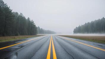An empty road with yellow lines on it photo