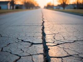 A crack in the road is shown in the middle of the day photo