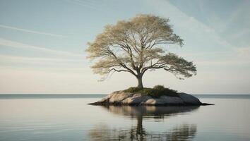 Tree on rock in the middle of the ocean photo