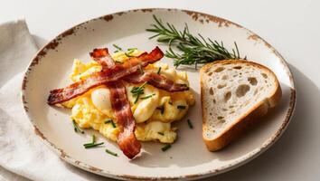 Scrambled eggs with bacon and bread on a plate photo
