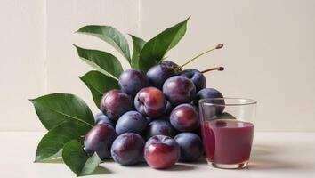 A glass of juice and plums on a table photo