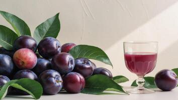 Plums and juice on a table photo