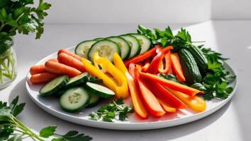 A plate of vegetables with cucumbers, carrots, and peppers photo