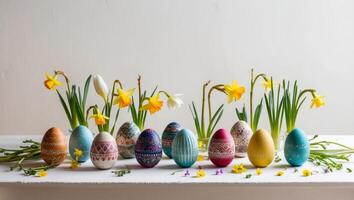 Easter eggs with daffodils on a table photo