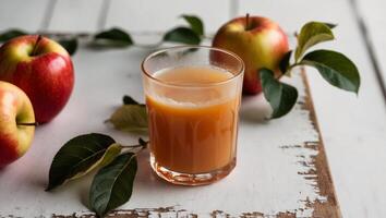 An apple juice is sitting on a table next to apples photo
