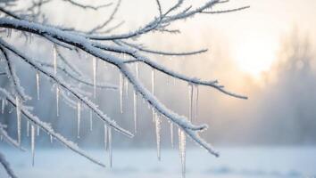 Winter landscape with icicles hanging from trees photo