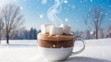 Hot chocolate with marshmallows on top of it in the snow photo